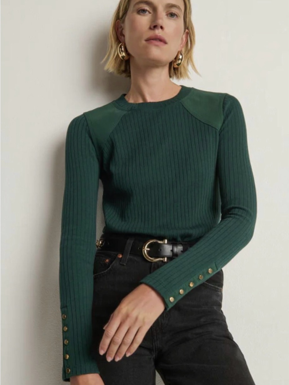 Nation LTD Maxine Pine Ribbed Long Sleeve Top with Leather-Look Shoulders XL